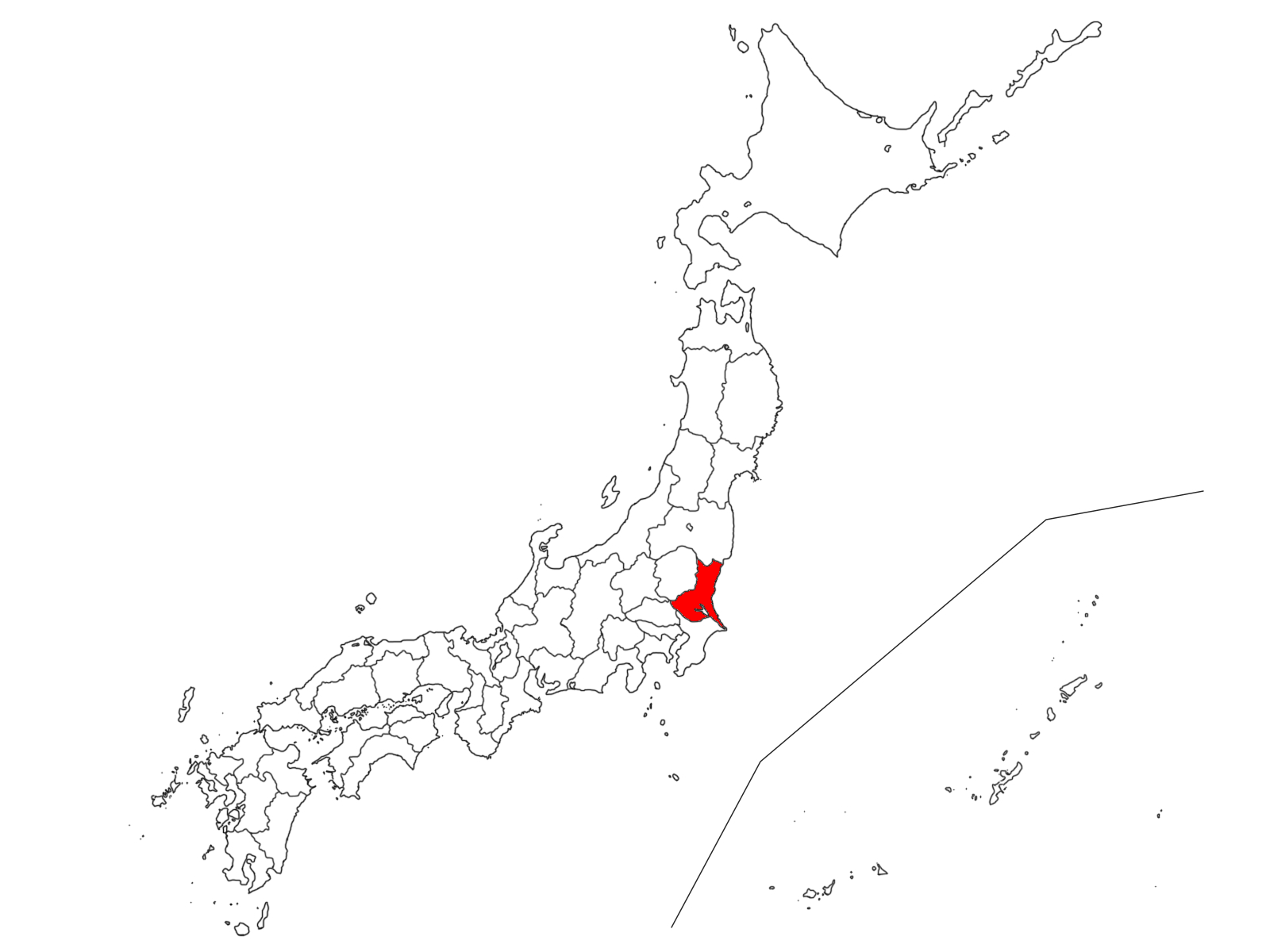 日本地図（茨城の位置が赤）